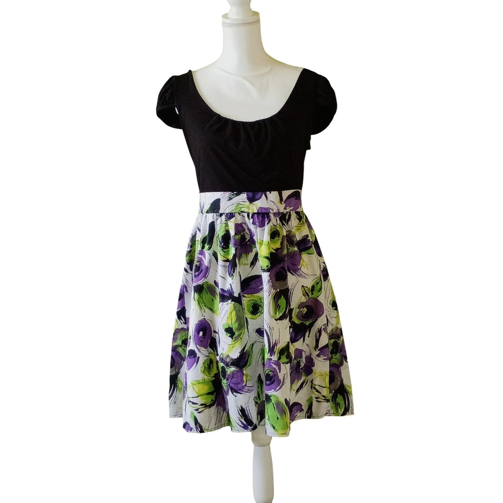 Main Character Couqette Candies Floral Dress Black Purple Green Puff Sleeve  11